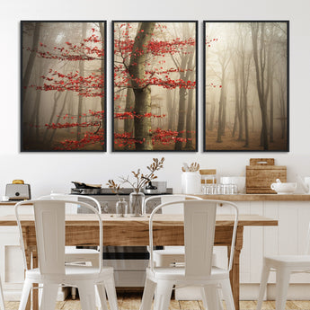 61855-MGV-FC-60X30-3P_Black-Misty Forest Wall Art – Red Tree with Autumn Leaves Canvas Print, Moody Woodland Nature Decor for Living Room, Bedroom, or Office