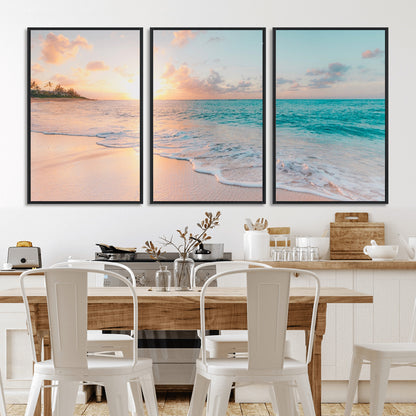 89767-MGV-FC-60X30-3P_Black-Ocean Sunset Wall Art – Serene Beach Canvas Print with Pastel Sky and Waves, Coastal Seascape Artwork for Bedroom, Living Room, or