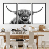 10123-MGV-FC-60X30-3P_Black-Black and White Highland Cow Wall Art – Modern Farmhouse Animal Print, Rustic Scottish Bull Canvas Decor for Living Room, Bedroom,