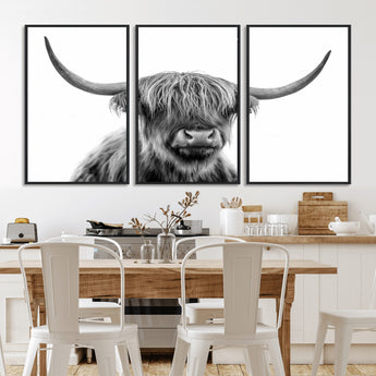 10123-MGV-FC-60X30-3P_Black-Black and White Highland Cow Wall Art – Modern Farmhouse Animal Print, Rustic Scottish Bull Canvas Decor for Living Room, Bedroom,
