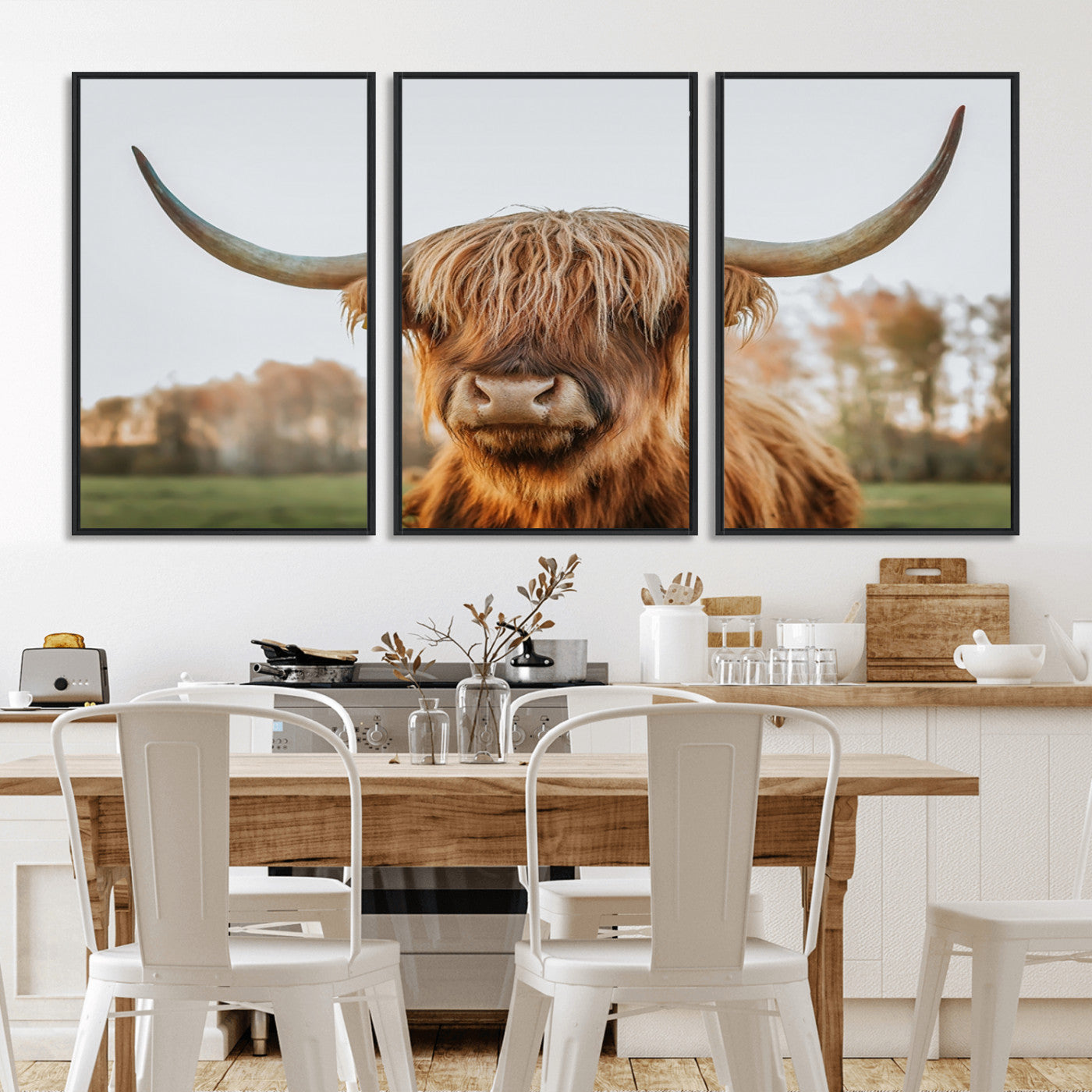 64824-MGV-FC-60X30-3P_Black-Highland Cow Wall Art – Rustic Scottish Bull Canvas Print, Farmhouse Animal Decor for Living Room, Bedroom, Office or Cabin
