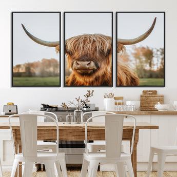 64824-MGV-FC-60X30-3P_Black-Highland Cow Wall Art – Rustic Scottish Bull Canvas Print, Farmhouse Animal Decor for Living Room, Bedroom, Office or Cabin