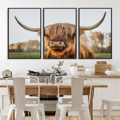 64824-MGV-FC-60X30-3P_Black-Highland Cow Wall Art – Rustic Scottish Bull Canvas Print, Farmhouse Animal Decor for Living Room, Bedroom, Office or Cabin