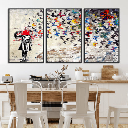 88654-MGV-FC-60X30-3P_Black-Butterfly Explosion Graffiti Wall Art – Street Art Canvas Print, Colorful Butterfly Spray Mural, Modern Abstract Urban Wall Decor