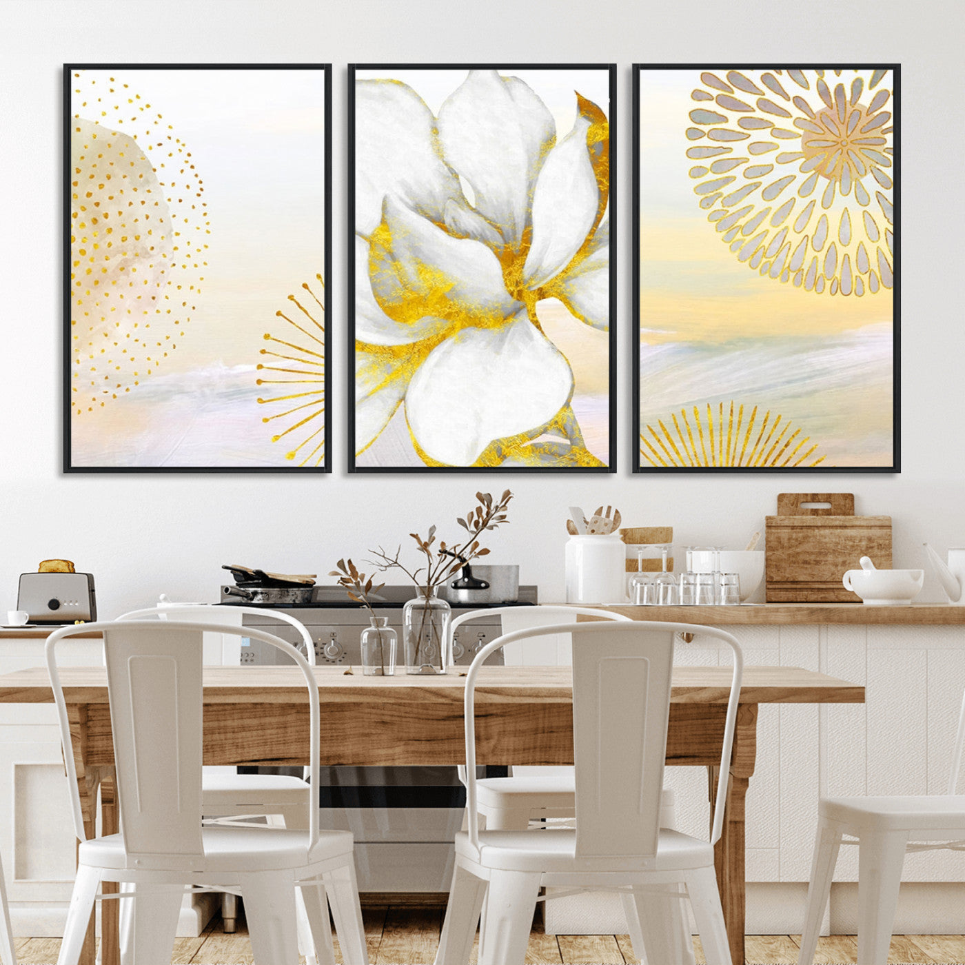 82301-MGV-FC-60X30-3P_Black-Modern Floral Wall Art – White Flower with Gold Detailing Canvas Print, Elegant Abstract Artwork for Living Room, Bedroom, or