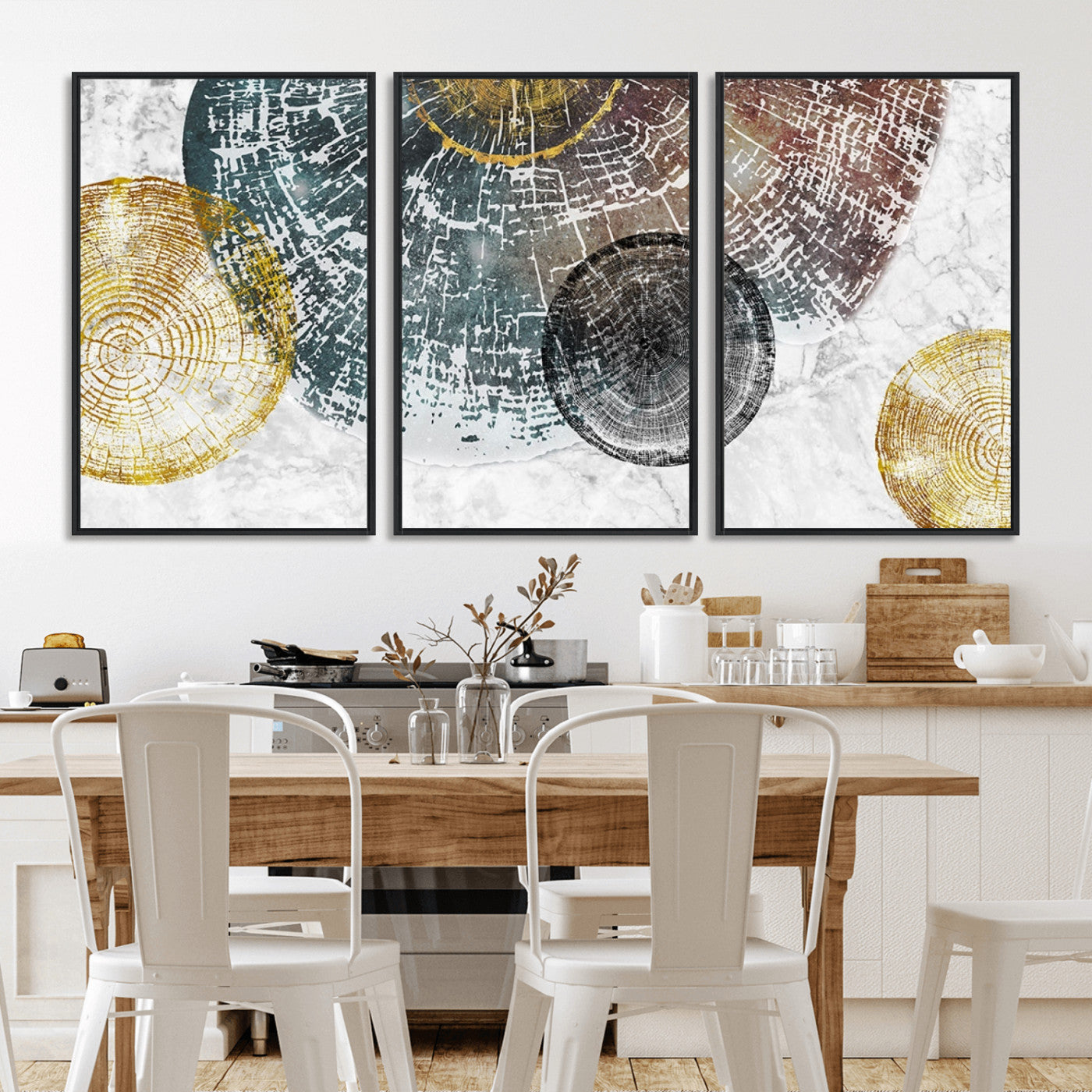 70653-MGV-FC-60X30-3P_Black-Abstract Tree Ring Wall Art – Modern Rustic Wood Slice Canvas Print with Gold Accents, Contemporary Nature Decor for Living Room,