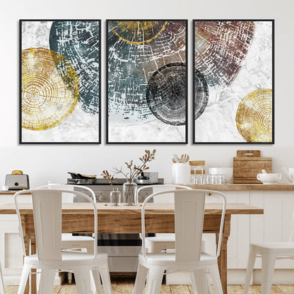 70653-MGV-FC-60X30-3P_Black-Abstract Tree Ring Wall Art – Modern Rustic Wood Slice Canvas Print with Gold Accents, Contemporary Nature Decor for Living Room,