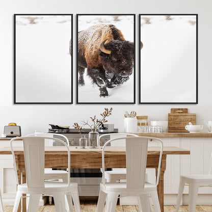 19889-MGV-FC-60X30-3P_Black-Snow Bison Wall Art – Majestic Buffalo Winter Landscape Canvas Print, Rustic Wildlife Photography Decor for Cabin, Lodge, Living