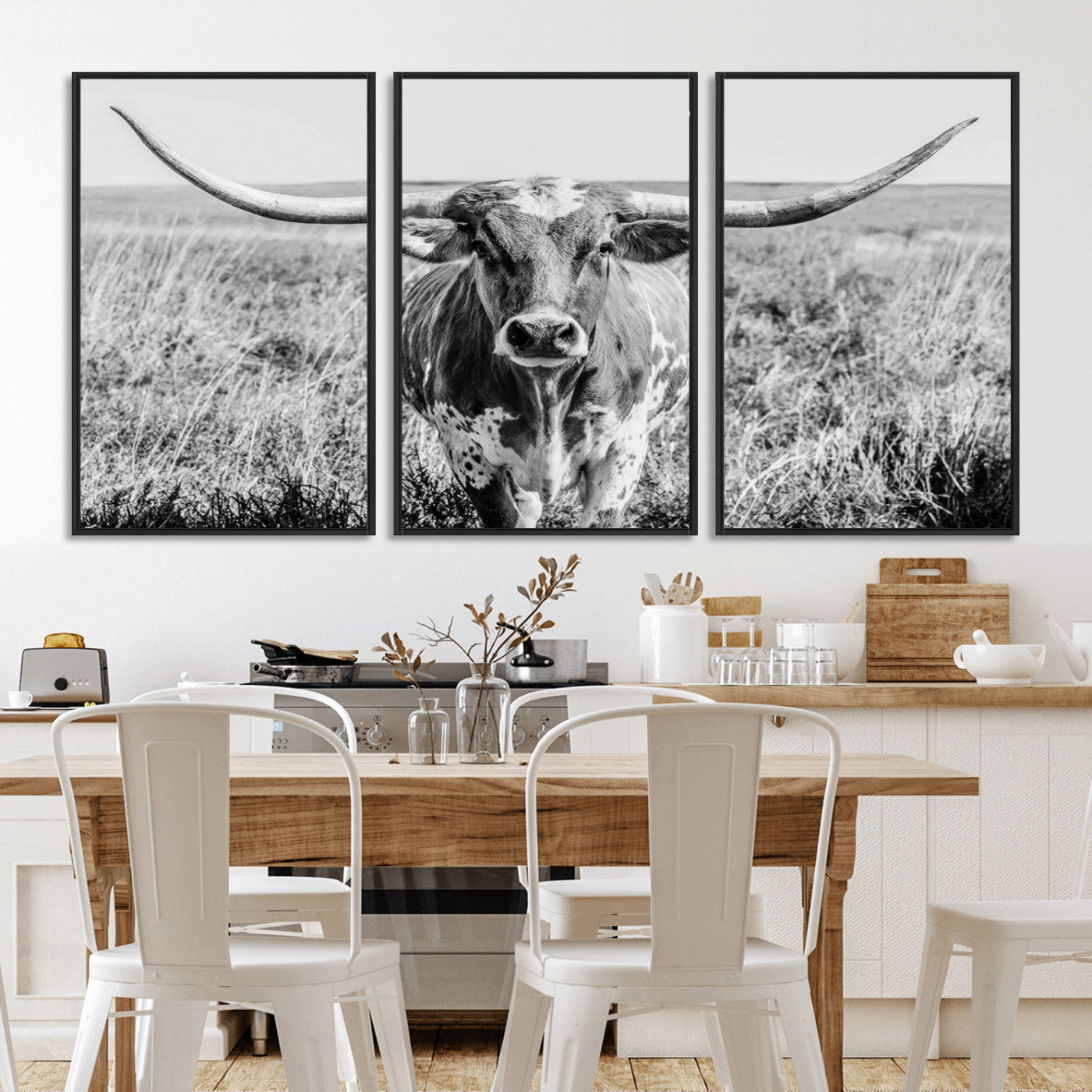 77320-MGV-FC-60X30-3P_Black-Texas Longhorn Wall Art – Black and White Western Cattle Canvas Print, Rustic Farmhouse Animal Photography Decor for Living Room,