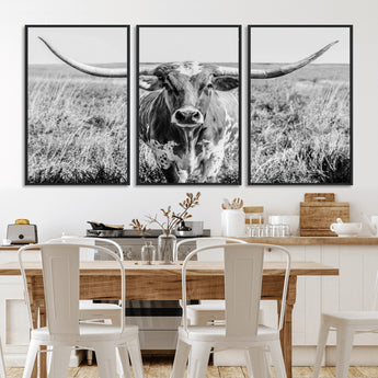 77320-MGV-FC-60X30-3P_Black-Texas Longhorn Wall Art – Black and White Western Cattle Canvas Print, Rustic Farmhouse Animal Photography Decor for Living Room,