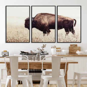 48406-MGV-FC-60X30-3P_Black-American Bison Wall Art – Rustic Buffalo Canvas Print in Prairie Field, Western Wildlife Photography Decor for Cabin, Lodge,
