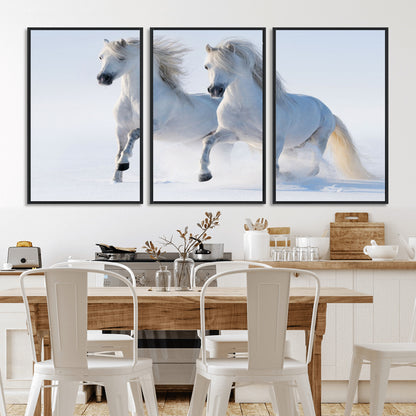 80145-MGV-FC-60X30-3P_Black-White Horses Running Snow Wall Art – Majestic Equine Canvas Print, Winter Nature Photography Decor for Living Room, Office,