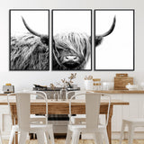 51957-MGV-FC-60X30-3P_Black-Highland Cow Wall Art – Black and White Scottish Highland Bull Canvas Print, Rustic Farmhouse Animal Decor for Living Room,