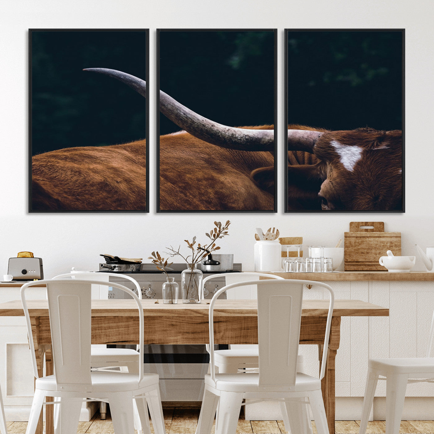 55197-MGV-FC-60X30-3P_Black-Texas Longhorn Wall Art – Rustic Western Bull Horn Canvas Print and Farmhouse Country Animal Decor for Living Room, Office or