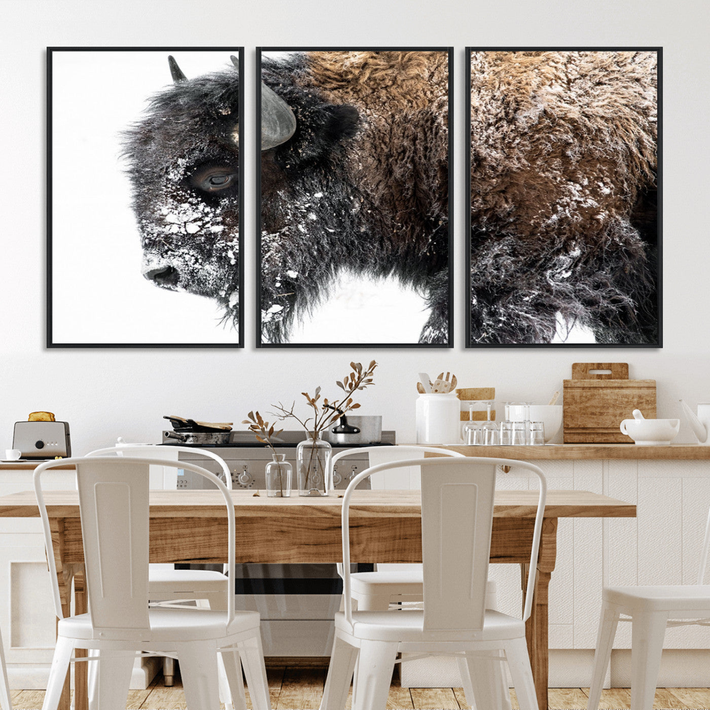 24304-MGV-FC-60X30-3P_Black-Bison Wall Art Canvas Print, Framed Winter Bison Art Picture Print, Snowy Buffalo Perfect Rustic Farmhouse Decor Artwork