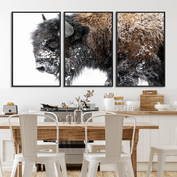24304-MGV-FC-60X30-3P_Black-Bison Wall Art Canvas Print, Framed Winter Bison Art Picture Print, Snowy Buffalo Perfect Rustic Farmhouse Decor Artwork