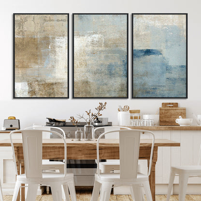 38126-MGV-FC-60X30-3P_Black-Neutral Abstract Wall Art – Modern Beige and Blue Canvas Print and Minimalist Textured Painting for Living Room, Bedroom or Office