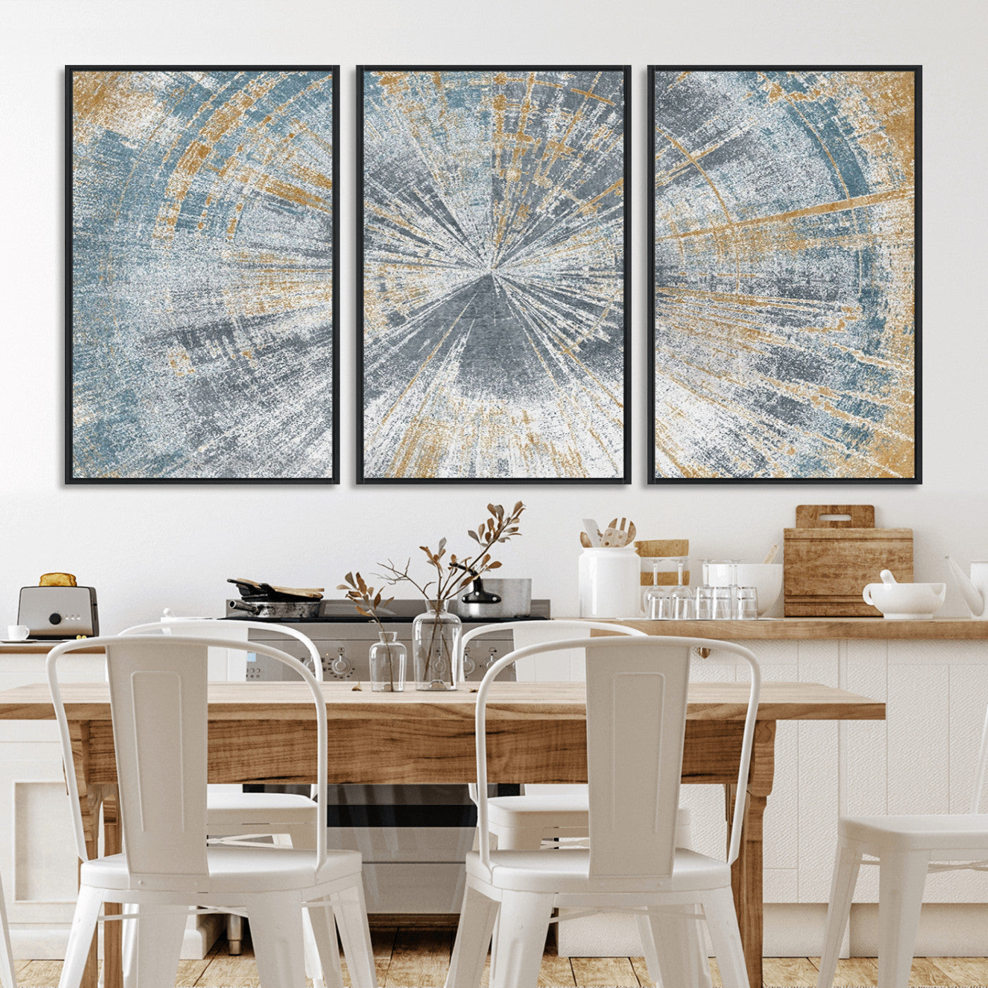 17631-MGV-FC-60X30-3P_Black-Radiant Burst Wall Art – Abstract Sunburst Canvas Print in Blue and Gold, Modern Geometric Painting for Living Room, Office or
