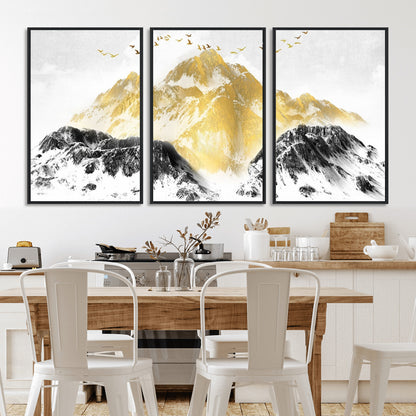 37733-MGV-FC-60X30-3P_Black-Golden Mountain Wall Art – Modern Abstract Landscape Canvas Print with Birds, Luxury Nature Decor for Living Room, Bedroom, or