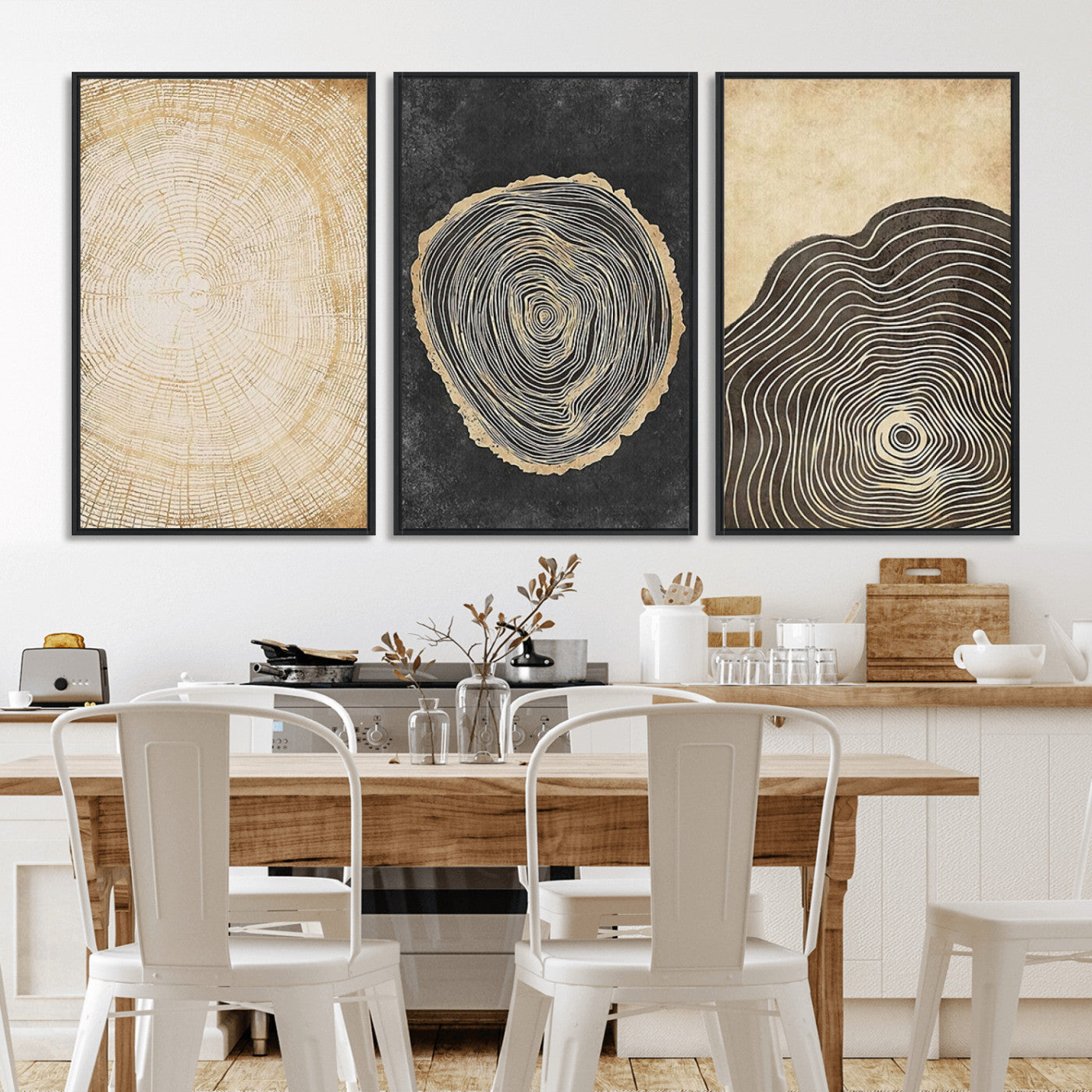 77785-MGV-FC-60X30-3P_Black-Tree Ring Abstract Wall Art – Rustic Wood Growth Pattern Canvas Prints, Modern Nature-Inspired Decor for Living Room or Office