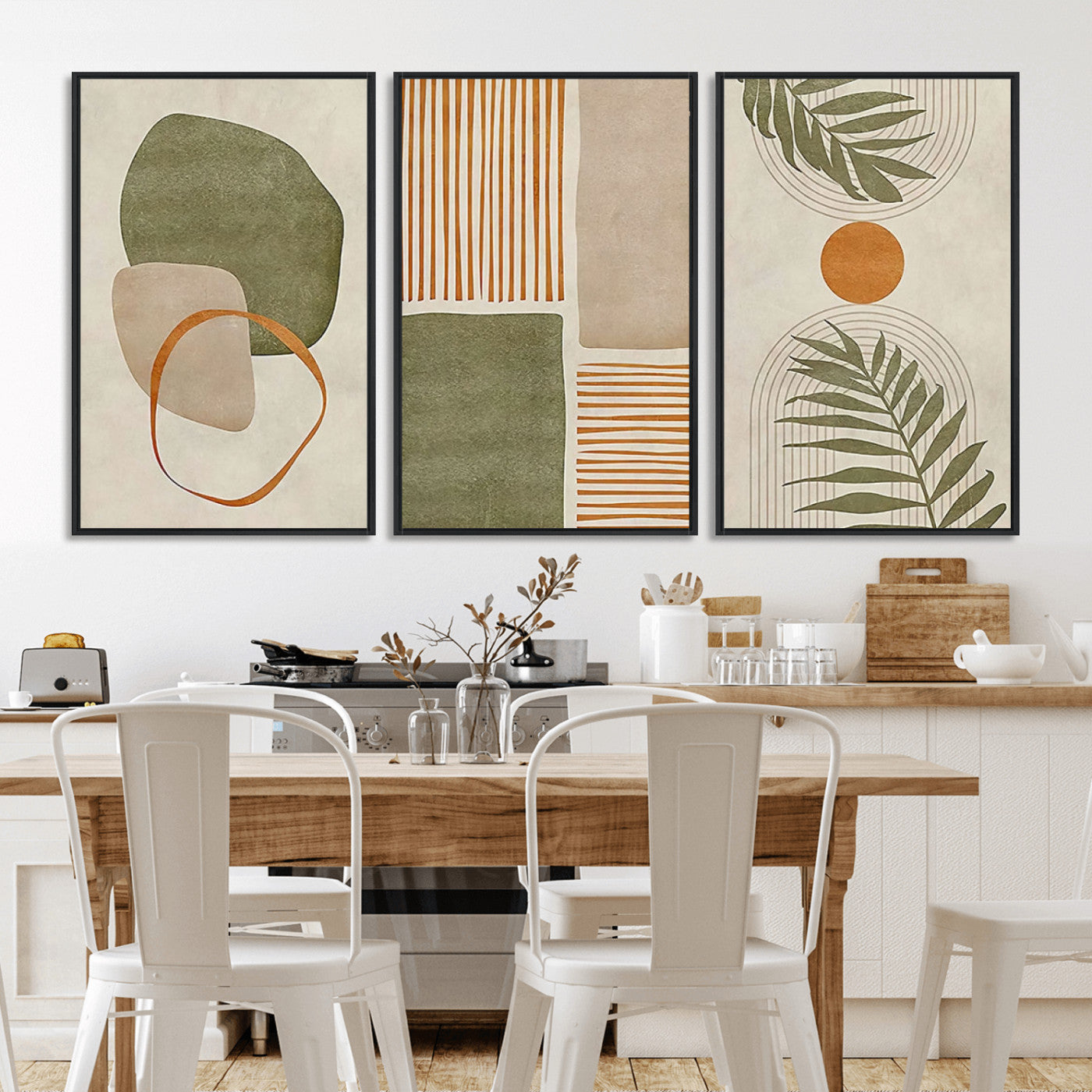 96002-MGV-CV-36X24-Abstract Geometric Wall Art – Modern Canvas Print with Green, Orange & Beige Shapes, Minimalist Home Decor for Living Room, Office