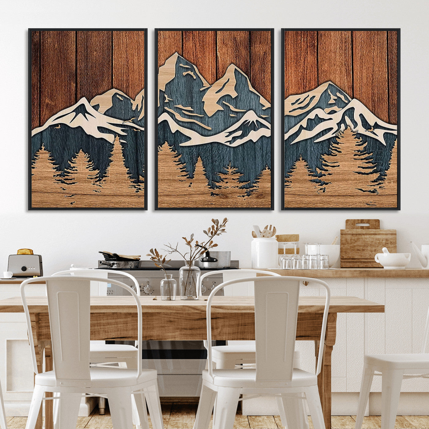 41330-MGV-FC-60X30-3P_Black-Rustic Mountain Wall Art – Wooden Nature Scene with Trees and Peaks, Handmade 3D Layered Decor for Living Room, Cabin or Office