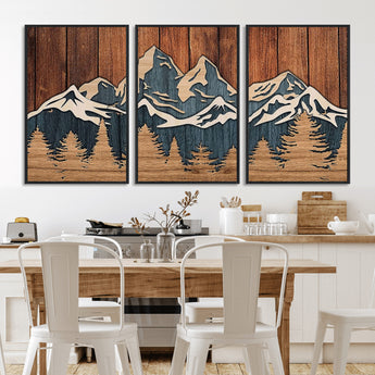 41330-MGV-FC-60X30-3P_Black-Rustic Mountain Wall Art – Wooden Nature Scene with Trees and Peaks, Handmade 3D Layered Decor for Living Room, Cabin or Office