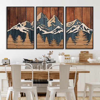 41330-MGV-FC-60X30-3P_Black-Rustic Mountain Wall Art – Wooden Nature Scene with Trees and Peaks, Handmade 3D Layered Decor for Living Room, Cabin or Office