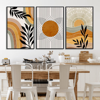 44668-MGV-CV-60X30-3P-Mid Century Modern Wall Art – Abstract Sun and Rainbow Canvas Print, Minimalist Geometric Boho Decor for Living Room, Bedroom or