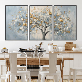 65811-MGV-FC-60X30-3P_Black-Abstract Tree Wall Art – Textured Canvas Painting with Gold and White Leaves, Modern Nature Inspired Decor for Living Room or