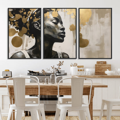 65669-MGV-CV-36X24-Elegant Black Woman Wall Art – Modern Abstract Portrait Canvas with Gold Accents, Contemporary Afrocentric Decor for Living Room