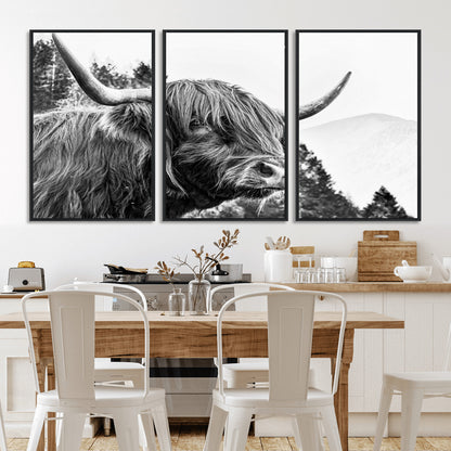 61570-MGV-CV-36X24-Highland Cow Wall Art – Black and White Scottish Bull Canvas Print, Rustic Farmhouse Animal Decor for Living Room, Bedroom, or