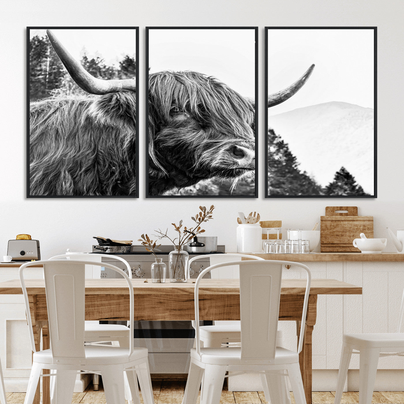 61570-MGV-FC-60X30-3P_Black-Highland Cow Wall Art – Black and White Scottish Bull Canvas Print, Rustic Farmhouse Animal Decor for Living Room, Bedroom, or