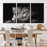 80013-MGV-FC-60X30-3P_Black-Lion and Lioness Wall Art – Black and White Wildlife Photography Canvas Print, African Safari Animal Decor for Office, Bedroom