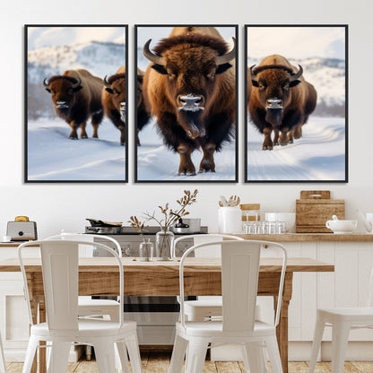 56701-MGV-CV-36X24-Bison Herd Wall Art – Buffalo Walking in Snowy Mountains Canvas Print, Rustic Wildlife Decor for Cabin, Lodge, or Living Room