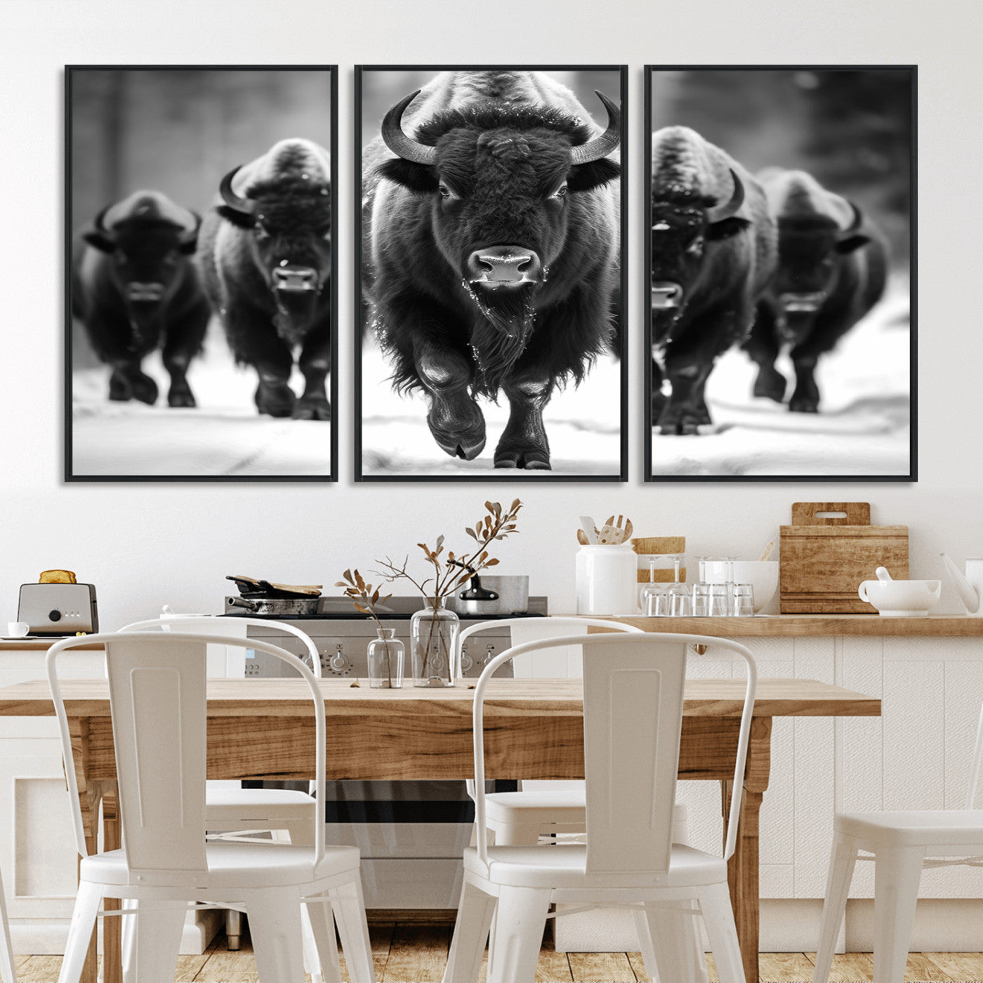79872-MGV-CV-36X24-Bison Herd Wall Art – Black and White Buffalo on Snow Canvas Print, Rustic Wildlife Decor for Lodge, Cabin, or Living Room