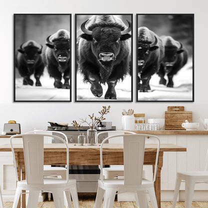 79872-MGV-CV-36X24-Bison Herd Wall Art – Black and White Buffalo on Snow Canvas Print, Rustic Wildlife Decor for Lodge, Cabin, or Living Room