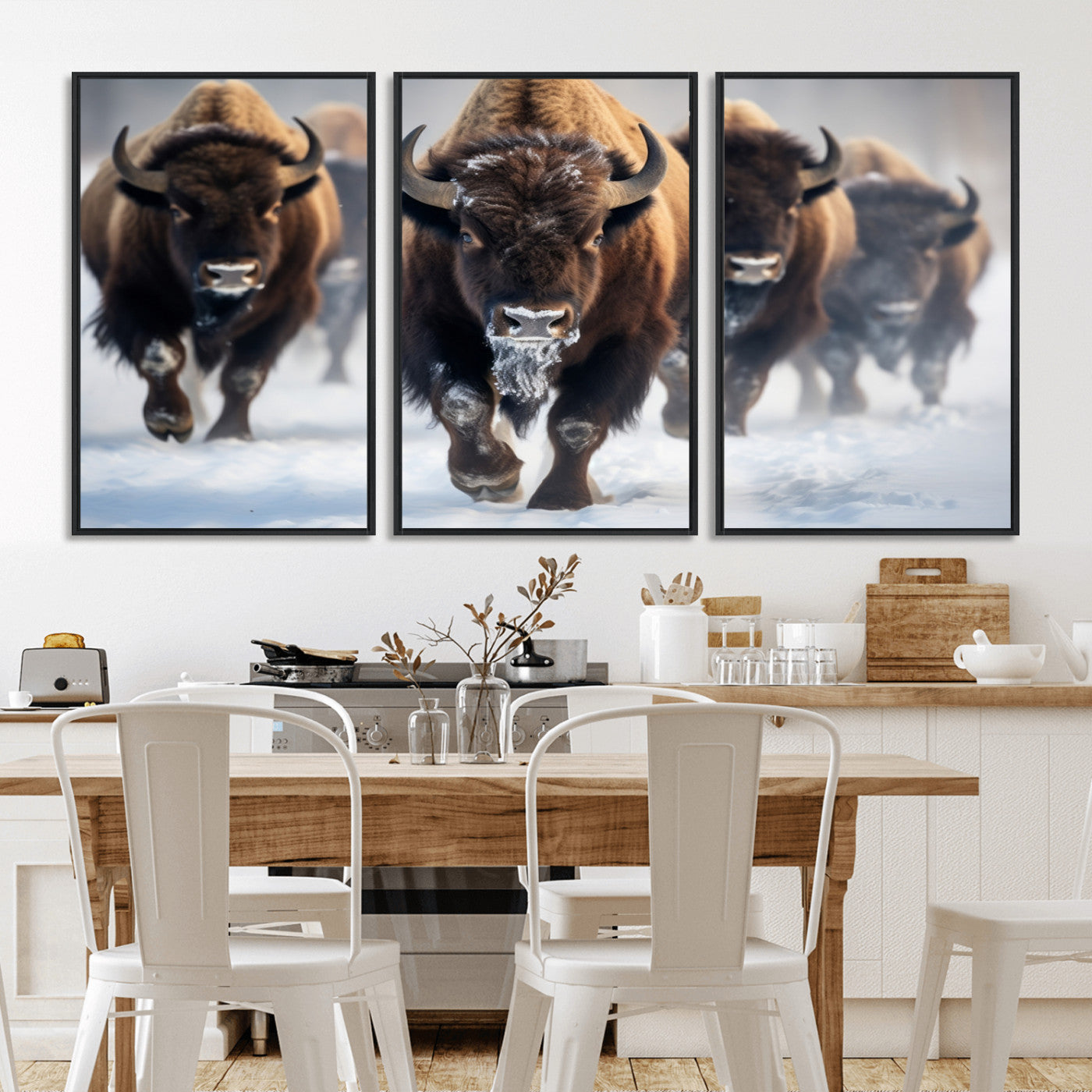 80512-MGV-FC-60X30-3P_Black-Bison Herd Wall Art – Buffalo Running in Snow Canvas Print, Rustic Wildlife Photography Decor for Cabin, Lodge, or Living Room