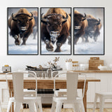 80512-MGV-FC-60X30-3P_Black-Bison Herd Wall Art – Buffalo Running in Snow Canvas Print, Rustic Wildlife Photography Decor for Cabin, Lodge, or Living Room