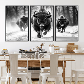 97552-MGV-CV-36X24-Black and White Bison Wall Art – Buffalo Herd Running in Snow Canvas Print, Rustic Wildlife Photography Decor for Cabin, Lodge, or
