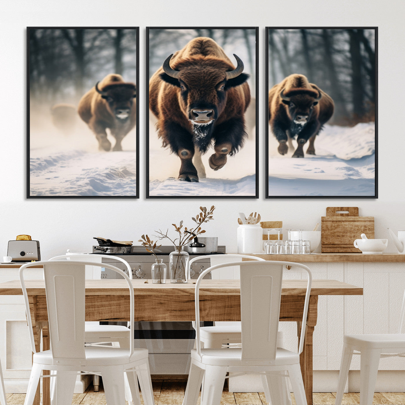 56549-MGV-FC-60X30-3P_Black-Wild Bison Wall Art – Majestic Buffalo Herd Running in Snow Canvas Print, Rustic Wildlife Photography Decor for Cabin, Lodge, or