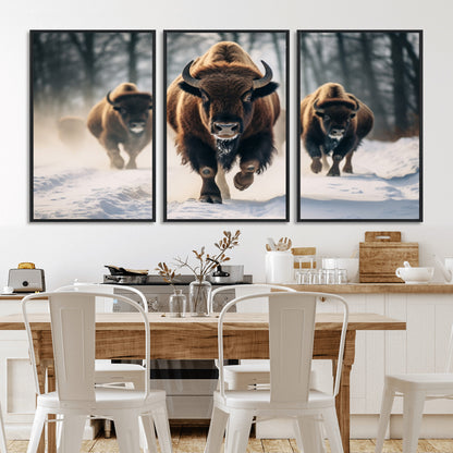 56549-MGV-FC-60X30-3P_Black-Wild Bison Wall Art – Majestic Buffalo Herd Running in Snow Canvas Print, Rustic Wildlife Photography Decor for Cabin, Lodge, or