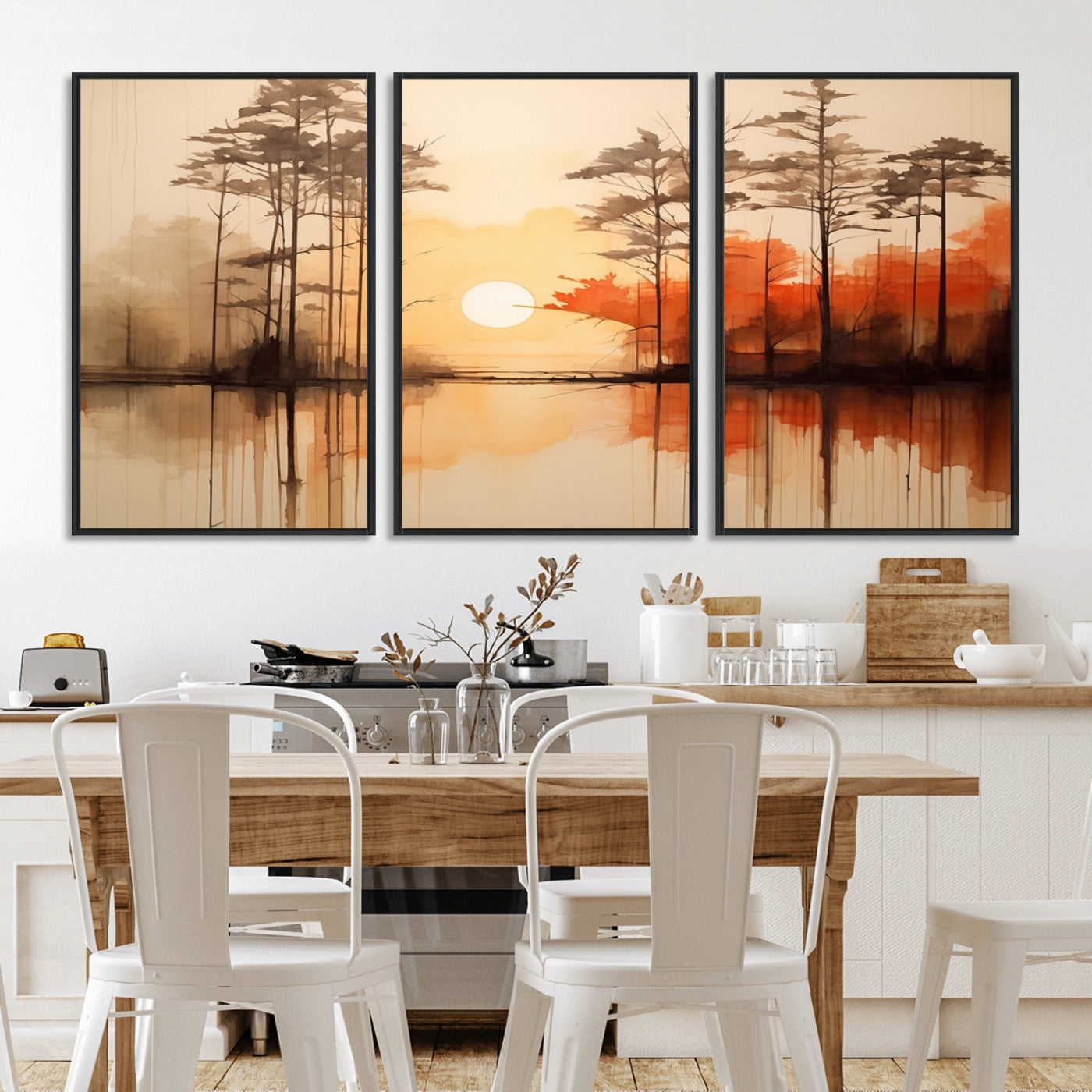 51083-MGV-FC-60X30-3P_Black-Sunset Lake Forest Wall Art – Serene Trees and Orange Sky Reflection Canvas Print, Tranquil Nature Decor for Living Room, Office