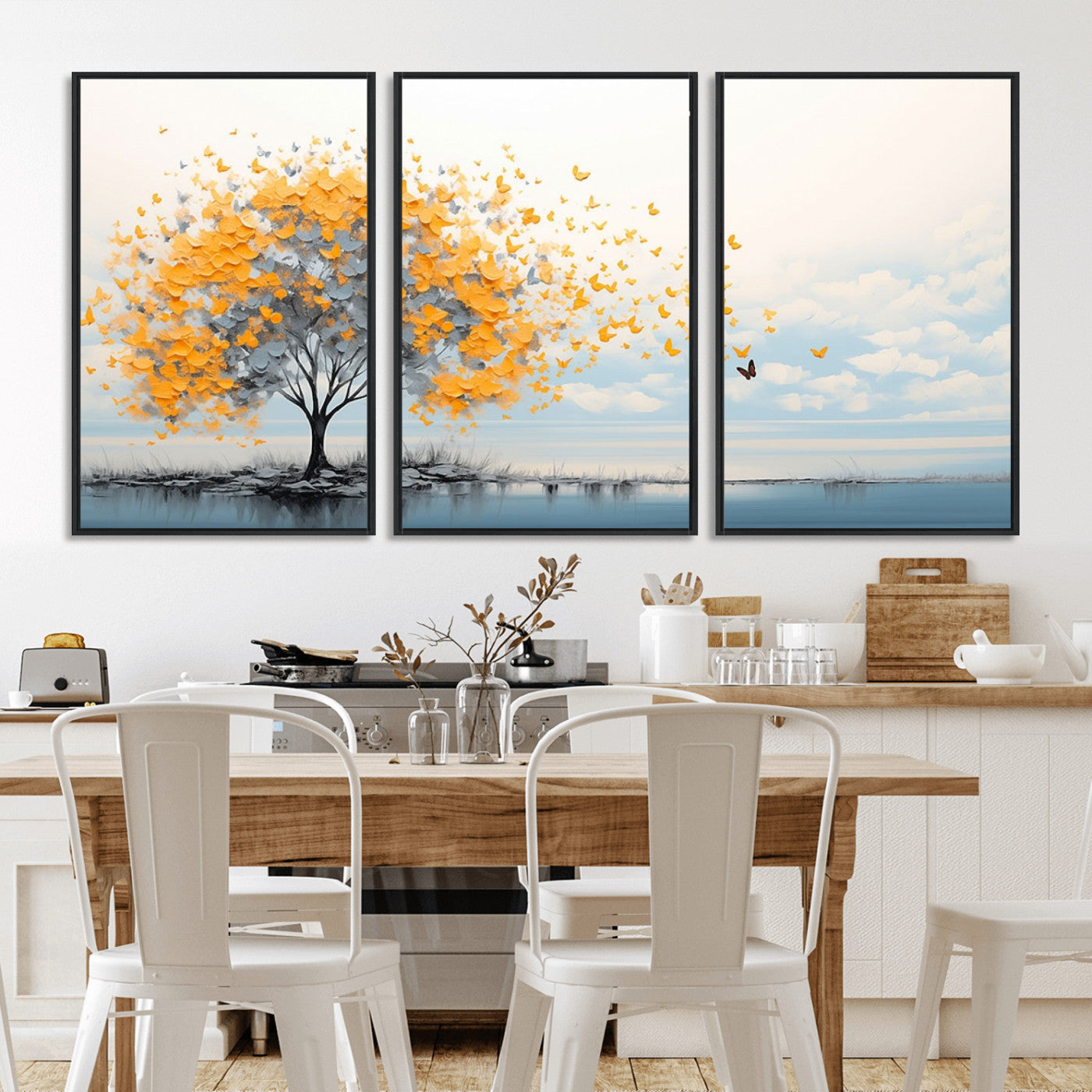 23385-MGV-CV-36X24-Golden Butterfly Tree Wall Art – Abstract Yellow and Gray Canvas Print, Modern Nature Artwork for Living Room, Bedroom or Office