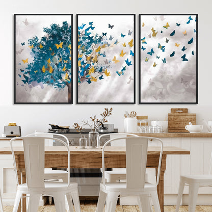37564-MGV-CV-36X24-Butterfly Tree Wall Art – Modern Nature Canvas Print with Blue and Golden Butterflies, Elegant Decorative Painting for Living Room