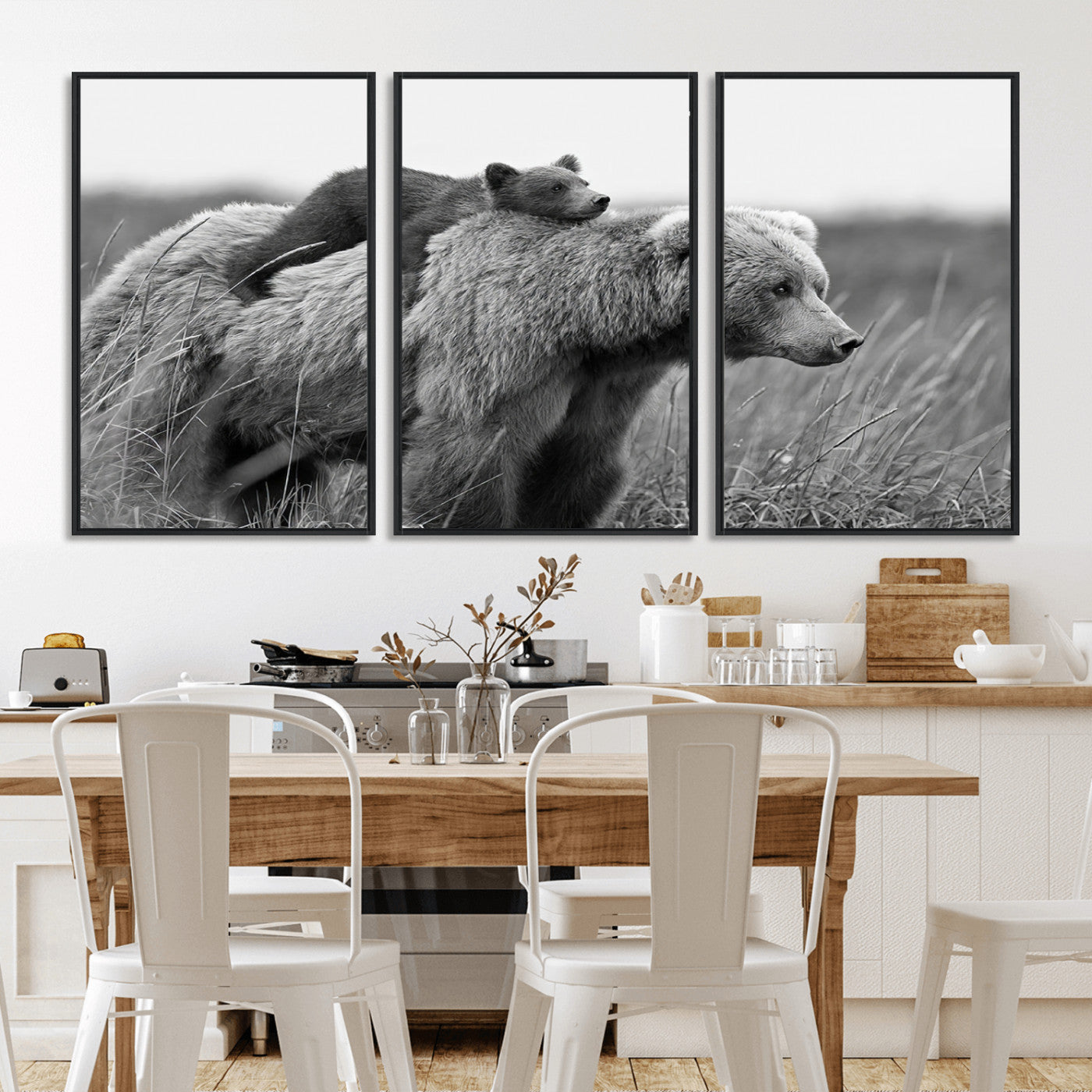 76338-MGV-CV-36X24-Mother Bear and Cub Wall Art – Black and White Wildlife Canvas Print, Rustic Nature Photography for Cabin, Living Room or Office