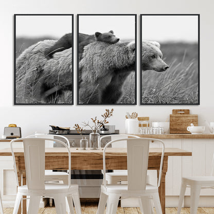 76338-MGV-CV-36X24-Mother Bear and Cub Wall Art – Black and White Wildlife Canvas Print, Rustic Nature Photography for Cabin, Living Room or Office