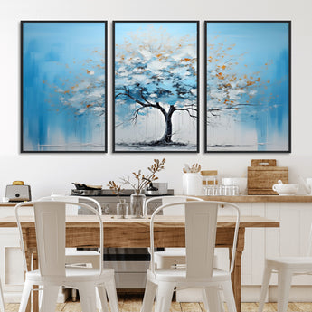 25021-MGV-CV-36X24-Abstract Tree Wall Art – Blue and White Canvas Painting with Gold Accents, Modern Nature-Inspired Artwork for Living Room, Bedroom
