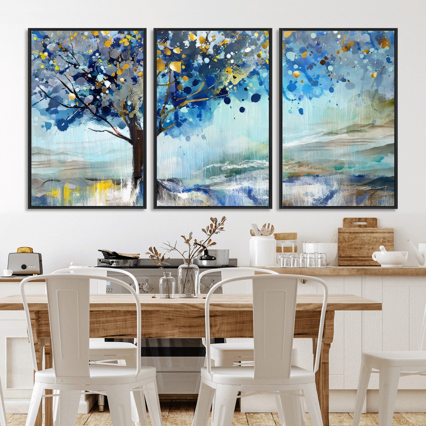 17018-MGV-CV-36X24-Abstract Blue Tree Wall Art – Colorful Canvas Painting with Gold and Silver Accents, Modern Nature Artwork for Living Room,