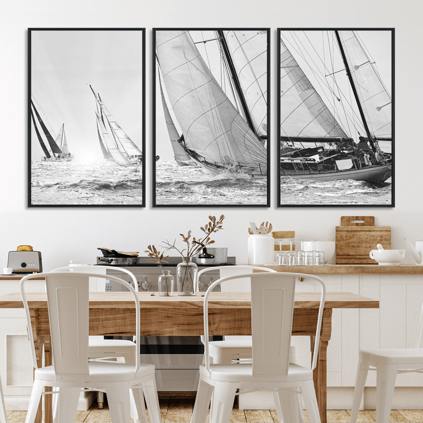 Boat-1-MGV-CV-36X24-Sailboat Racing Wall Art – Nautical Black and White Canvas Print, Ocean Adventure Decor for Office, Living Room or Bedroom